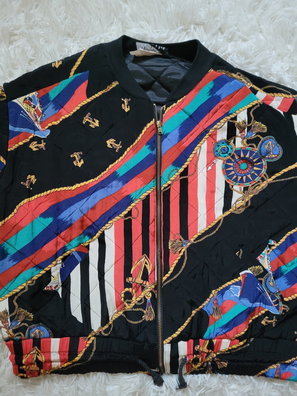 Vintage Nautical Print Bomber Jacket - Small Women Zip Up Cropped Quilted Jacket